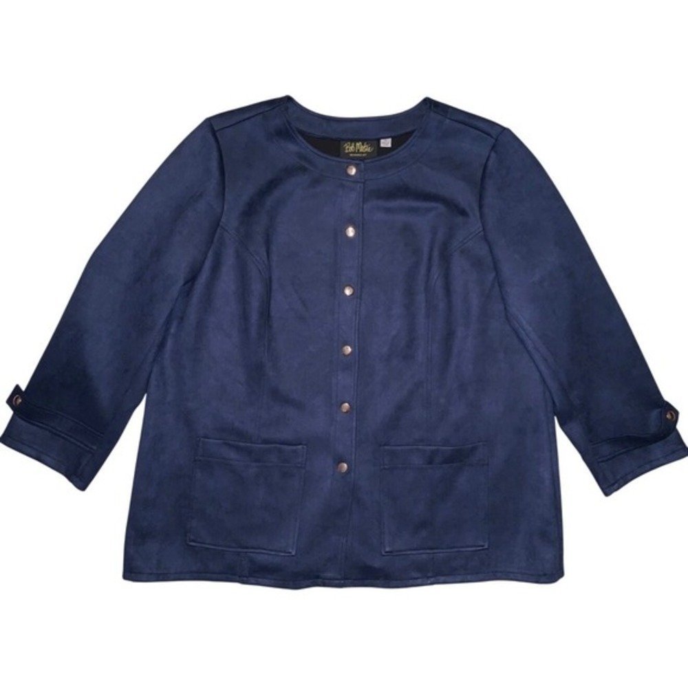 Vtg Bob Mackie Wearable Art Women's 1X Faux Suede Jacket Navy Blue 3/4 Sleeve